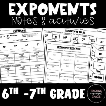 Preview of Exponents Notes, Practice and Maze Activity TEKS 6.7A