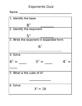 Preview of Exponents Quick Quiz (Great for Learning Support Students)