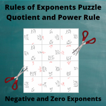 Preview of Exponents Jigsaw Puzzle: Quotient and Power Rules: Negative and Zero exponents
