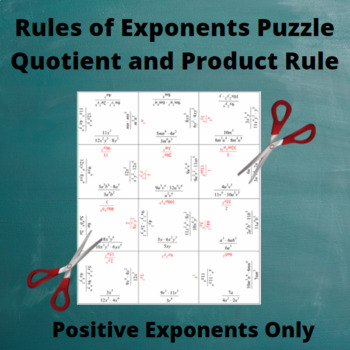 Preview of Exponents Jigsaw Puzzle: Quotient and Product Rules: Positive Exponents Only