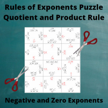 Preview of Exponents Jigsaw Puzzle: Quotient and Product Rules: Negative and zero exponents