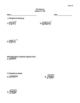 Preview of Exponents/Radicals Test