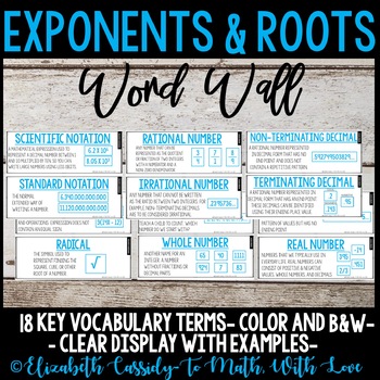 Preview of Exponents & Roots Vocabulary Word Wall - 8th Grade
