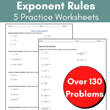 Preview of Exponents Rules - Laws of Exponents | 5 Worksheets w/ Over 130 Practice Problems