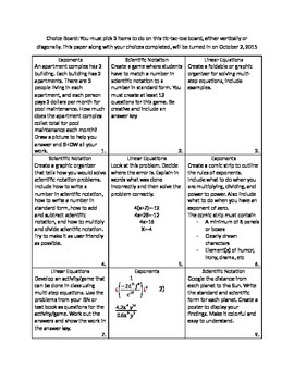 Preview of Exponents, Scientific Notation, Algebraic Linear Equations Menu board