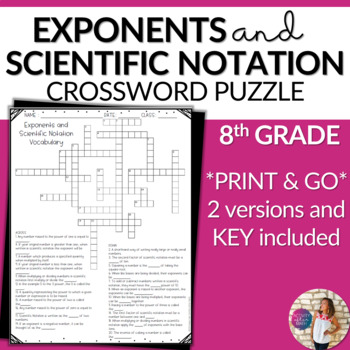 Preview of Exponents & Scientific Notation Vocabulary Math Crossword Puzzle 8th Grade