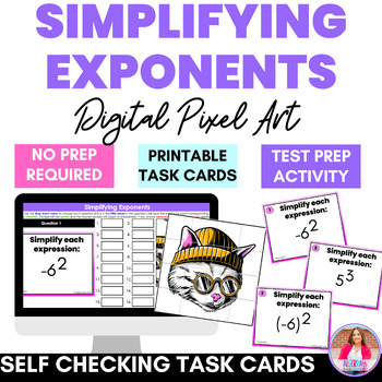 Preview of Exponents Self Checking Digital Puzzle Pixel Art with Printable Task Cards
