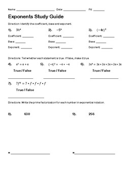 Preview of Exponents Study Guide (editable and fillable resource)