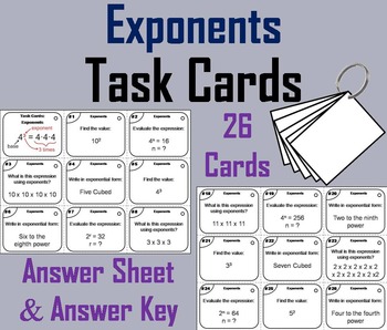 Preview of Exponents Task Cards Activity 5th 6th Grade