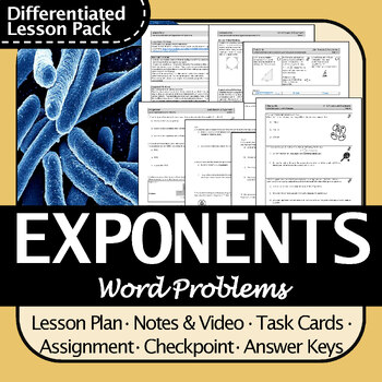 Preview of Exponents Word Problems Lesson Pack | Differentiated! Notes, Tasks, Worksheet