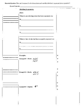 Preview of Exponents and Division (8.EE.1; Math Standards 1, 2, 3, 4) - Cornell Notes