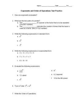 Preview of Exponents and Order of Operations Test Practice