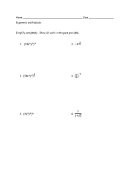 Preview of Exponents and Radicals Version C with Answer Key