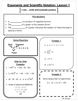 Preview of Exponents and Scientific Notation Notes