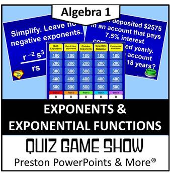 Preview of Quiz Show Game Exponents and Exponential Functions in a PowerPoint Presentation