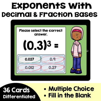 Preview of Exponents with Decimal and Fraction Bases Boom Cards - Self Correcting