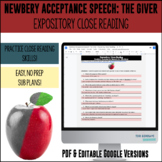 Close Reading - Newbery Acceptance Speech for The Giver - 