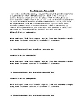 Preview of Expository Essay Matching Game-Worksheet