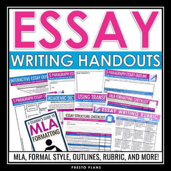 Preview of Essay Writing Handouts, Graphic Organizers, Checklists, MLA, and Rubric