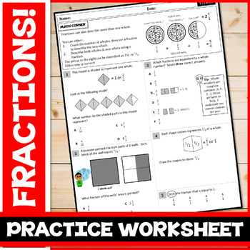 Preview of EXPRESSING WHOLE NUMBERS AS FRACTIONS Practice Worksheet