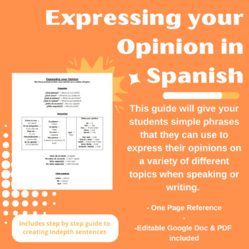 Preview of Expressing your Opinion in Spanish - Student Reference Sheet