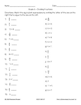 Expression Matching Worksheet - relate division & fractions by Marianne ...