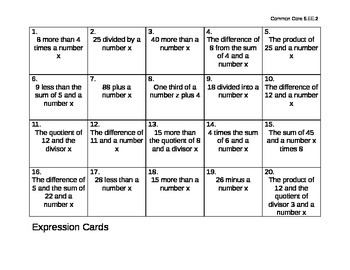 Preview of Expression Task Cards/Worksheet