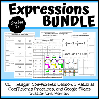 Preview of Expressions BUNDLE- Combining Like Terms Lesson, Practice + Unit Review Activity