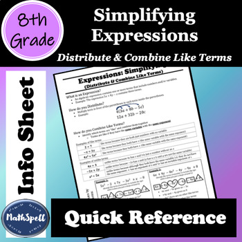 Preview of Expressions: Distribute & Combine Like Terms | 8th Grade Math Reference Sheet