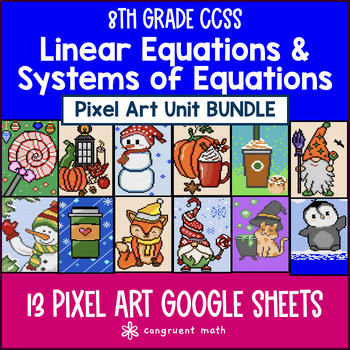 Preview of Linear Equations & Systems of Equations Pixel Art Unit BUNDLE | 8th Grade CCSS