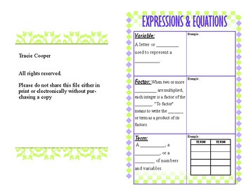 Preview of Expressions & Equations Vocabulary Foldable 7th Grade CCSS