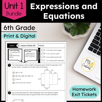 Preview of Expressions & Equations Worksheets & Exit Tickets Unit 1 6th Grade iReady Math