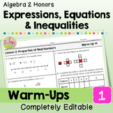Expressions Equations and Inequalities Warm Ups (Unit 1 Al