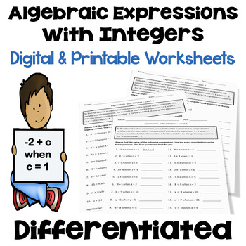 Preview of Algebraic Expression with Integers Worksheets - Differentiated