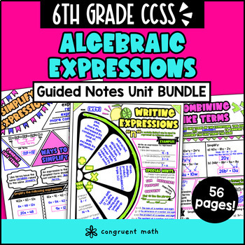 Preview of Algebraic Expressions Guided Notes BUNDLE | 6th Grade CCSS | Combine Like Terms