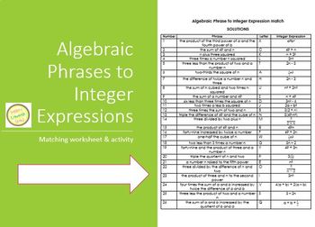 Preview of Expressions Match Worksheet - Algebraic Phrases to Integer Expressions