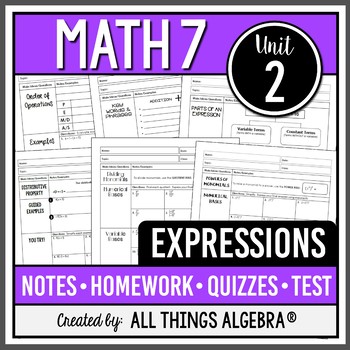 Preview of Expressions (Math 7 Curriculum - Unit 2) | All Things Algebra®
