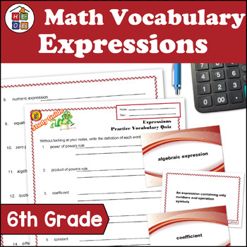 Preview of Expressions | 6th Grade Prealgebra Vocabulary Study Guide Flash Cards & Quizzes