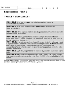 Preview of Expressions – Unit 3 - 6th Grade Common Core MCC6.EE.1,2,3,4
