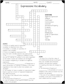 expressions vocabulary math crossword puzzle 6th grade tpt