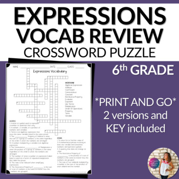 Preview of Expressions Vocabulary Math Crossword Puzzle 6th Grade