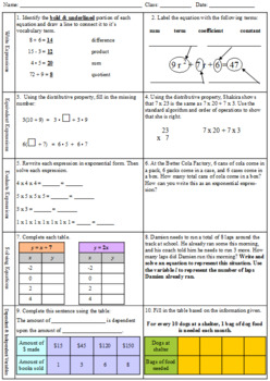6th grade Math Spiral Review Expressions and Equations by My Tutoring Bee