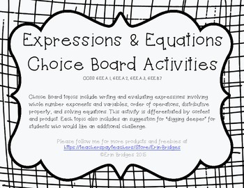 Preview of Expressions and Equations Choice Board Activity