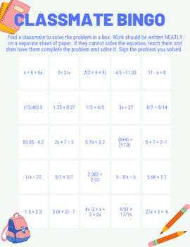 Preview of Expressions and Equations Classmate Bingo