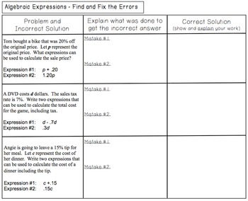 Expressions - Find and Fix the Errors Worksheet by Math on the Move