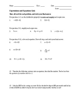 Expressions and Equations Quiz by Lea Johnson | TPT