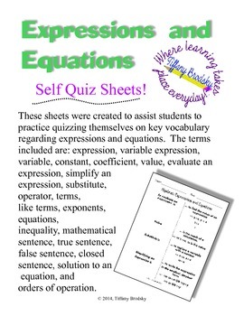 Preview of Expressions and Equations Self Quiz Sheets!
