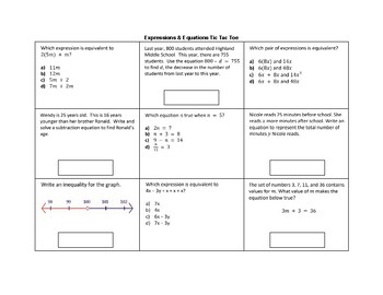 Preview of Expressions and Equations Tic, Tac, Toe