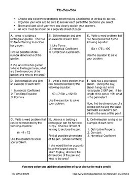 EXPRESSIONS AND EQUATIONS TIC-TAC-TOE ASSESSMENT by Math Class Rocks