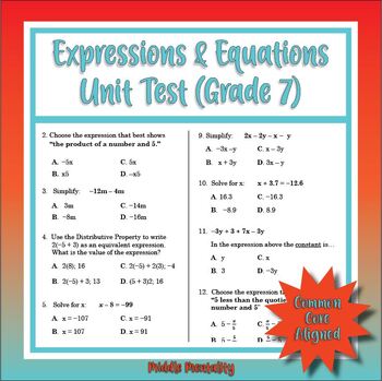 Preview of Expressions and Equations Unit Test (Common Core Aligned, Grade 7)